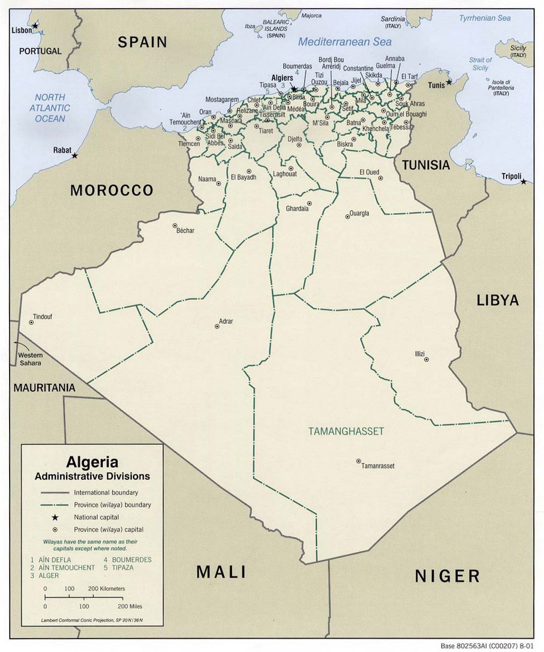 Подробная карта административного деления Алжира - 2001