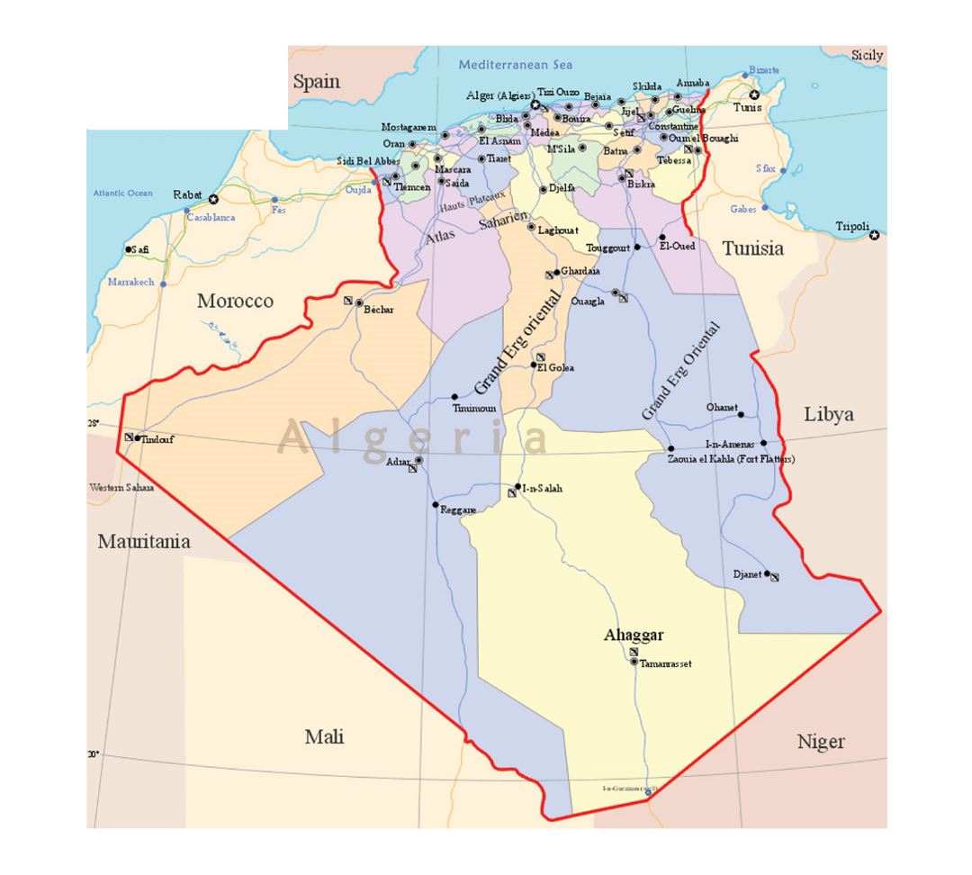 Детальная политическая и административная карта Алжира с дорогами и крупными городами
