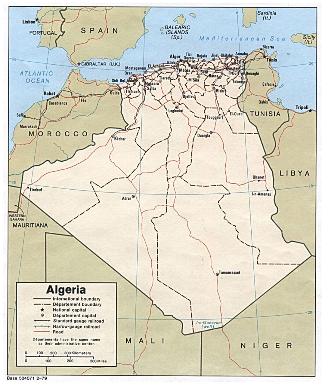 Детальная политическая и административная карта Алжира с дорогами, железными дорогами и крупными городами - 1979