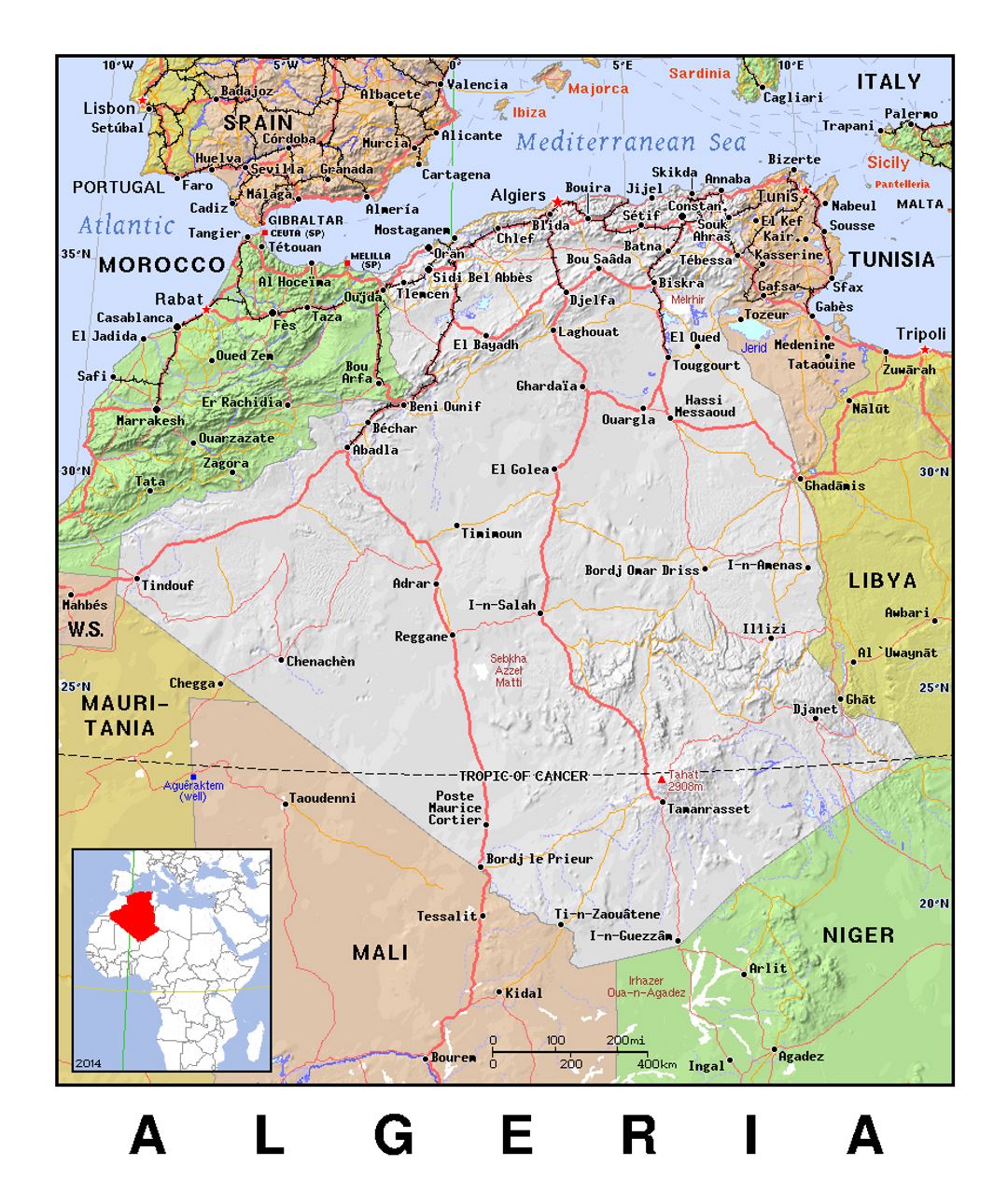 Детальная политическая карта Алжира с рельефом
