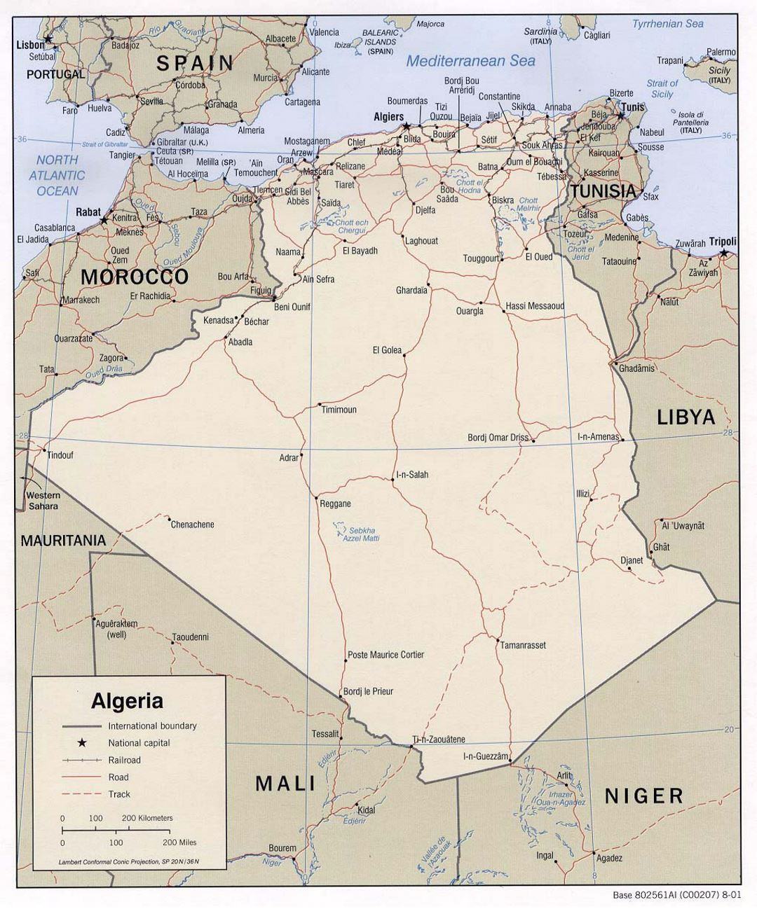 Детальная политическая карта Алжира с дорогами, железными дорогами и крупными городами - 2001