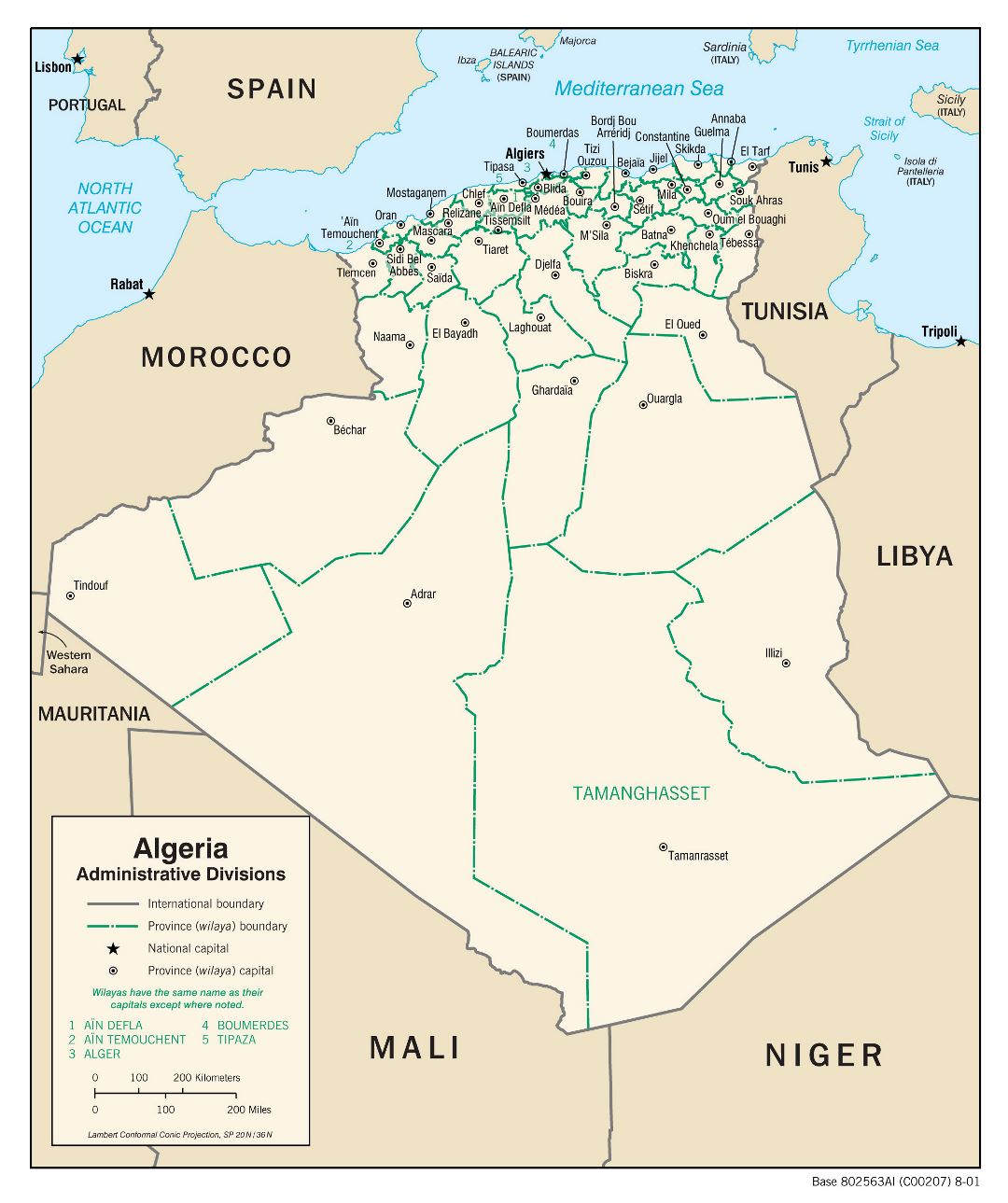 Большая детальная карта административных делений Алжира - 2001