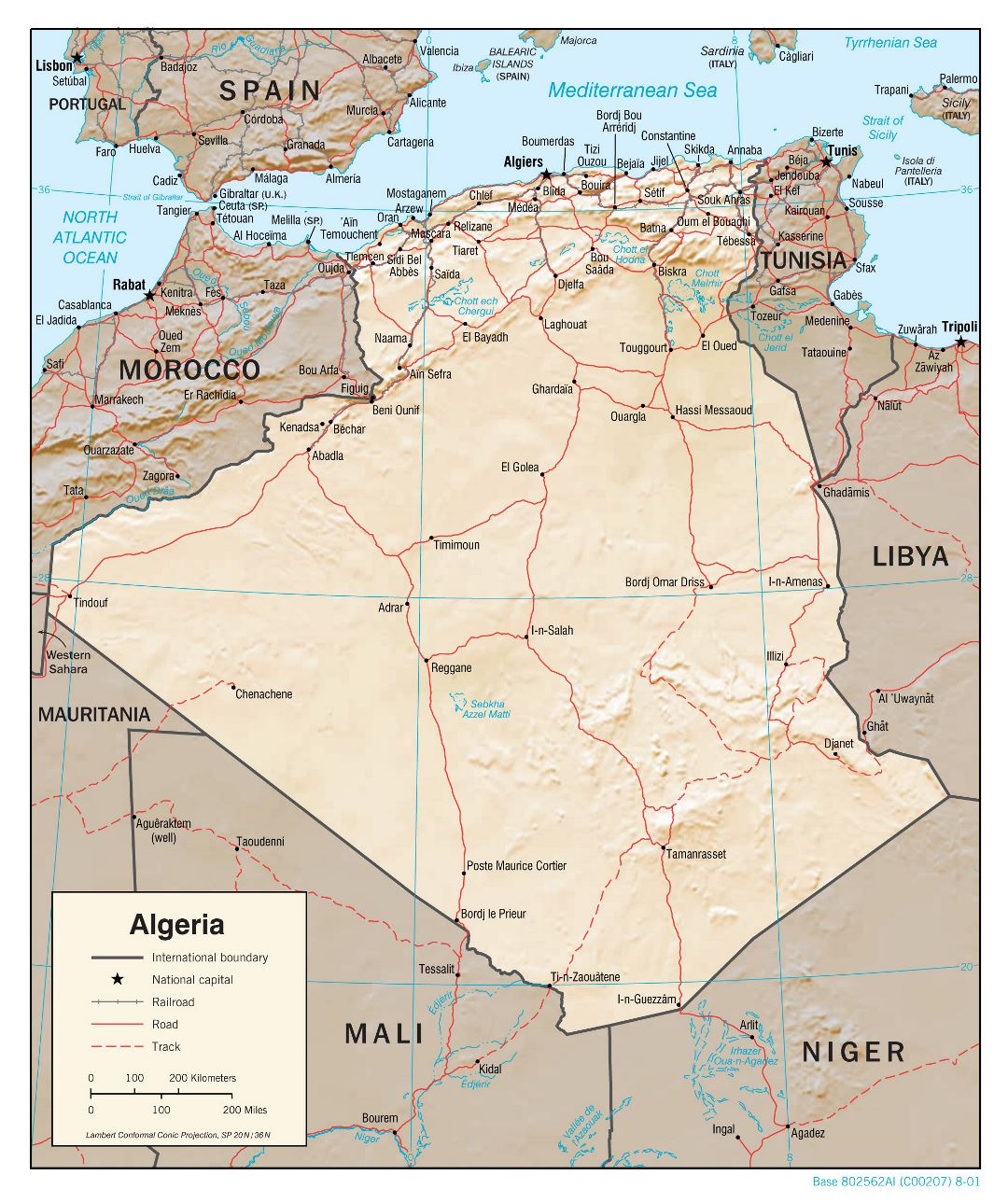 Большая детальная политическая карта Алжира с рельефами, дорогами, железными дорогами и большими городами - 2001