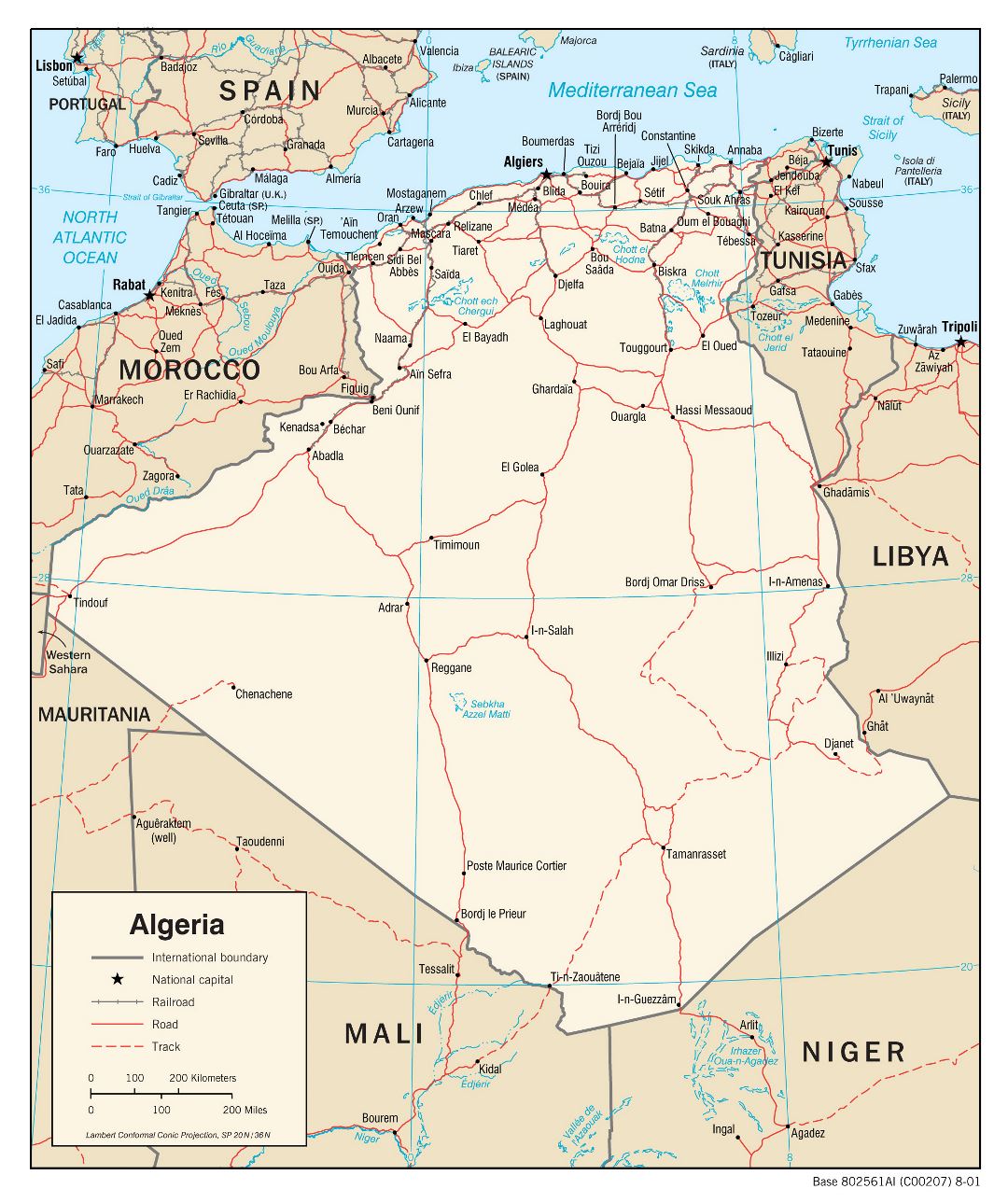 Большая детальная политическая карта Алжира с дорогами, железными дорогами и большими городами - 2001