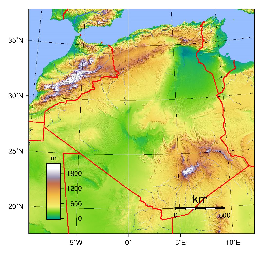 Большая физическая карта Алжира