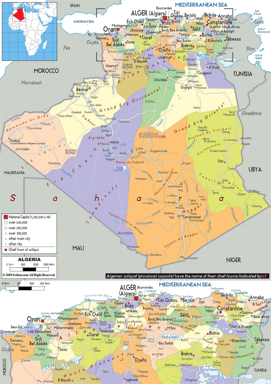 Большая политическая и аминистративная карта Алжира с дорогами, городами и аэропортами
