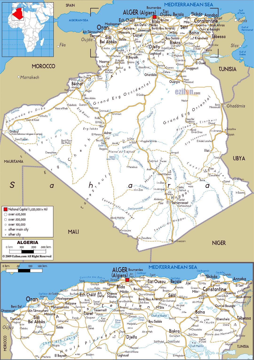 Большая карта дорог Алжира с городами и аэропортами