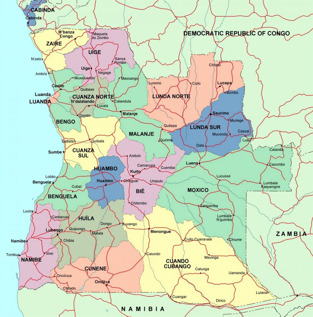 Подробная политическая и административная карта Анголы