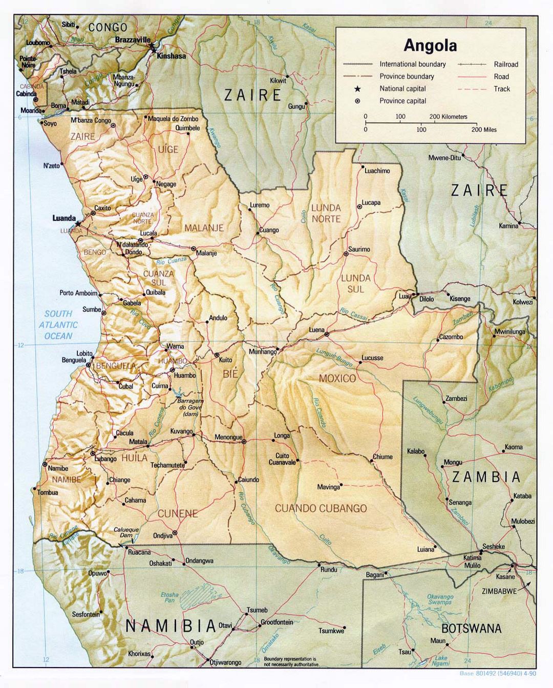 Детальная политическая и административная карта Анголы с рельефом, дорогами, железными дорогами и крупными городами - 1990