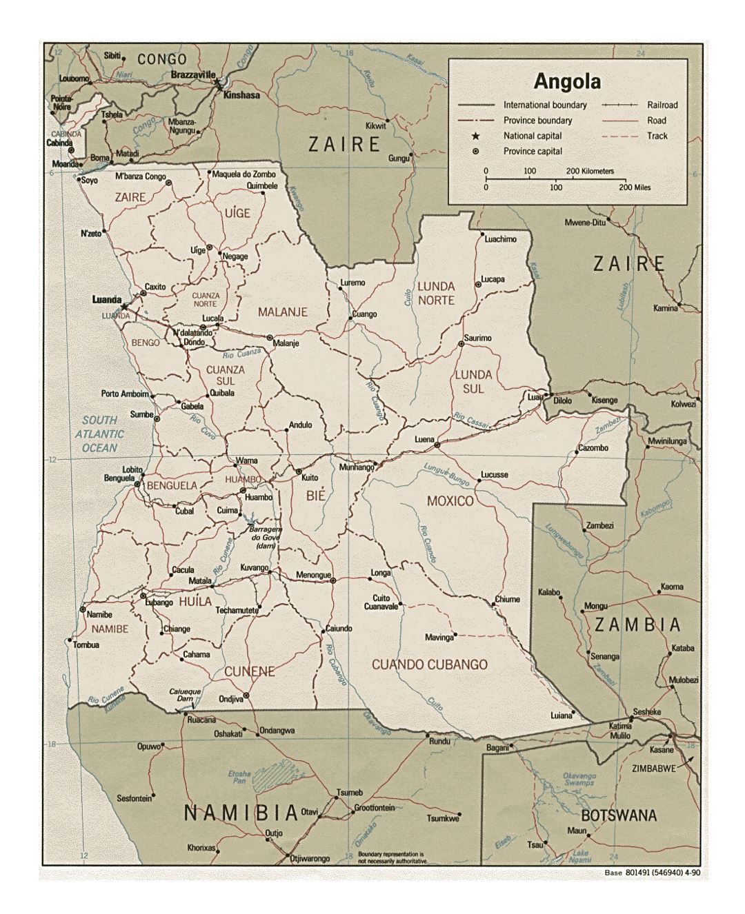 Подробная политическая и административная карта Анголы с дорогами, железными дорогами и крупными городами - 1990