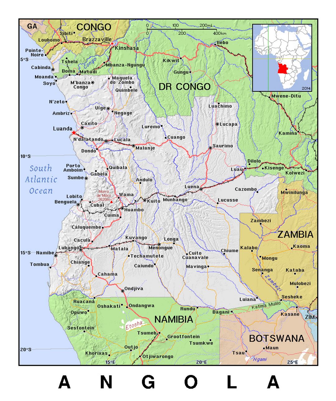 Детальная политическая карта Ангола с рельефом
