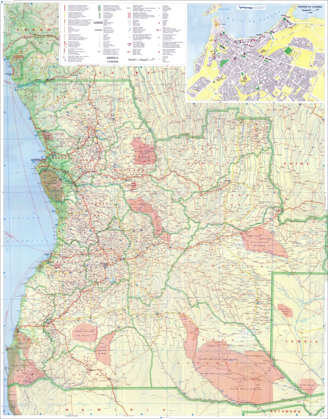 Большая детальная карта Анголы с рельефом, дорогами, городами, аэропортами, морскими портами и другими пометками