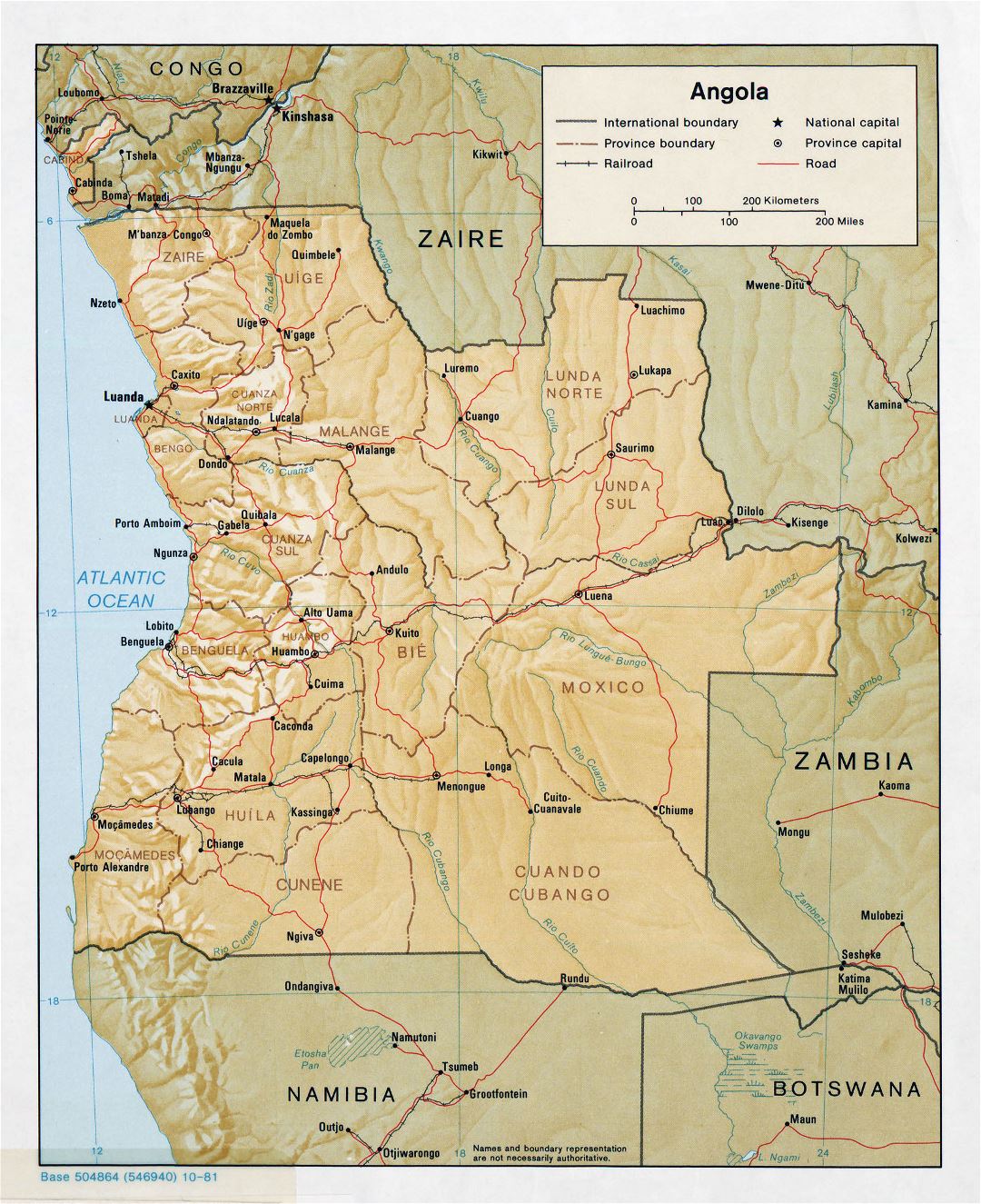 Большая детальная политическая и административная карта Анголы с рельефом, дорогами, железными дорогами и крупными городами - 1981