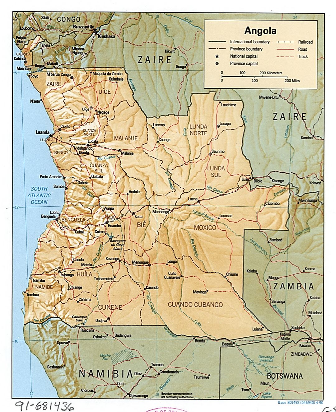 Большая подробная политическая и административная карта Анголы с рельефом, дорогами, железными дорогами и крупнымигородами - 1990