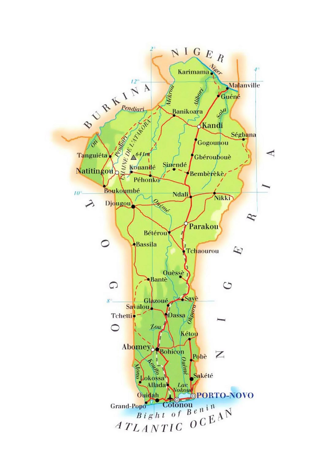 Детальная карта высот Бенина с дорогами, городами и аэропортами
