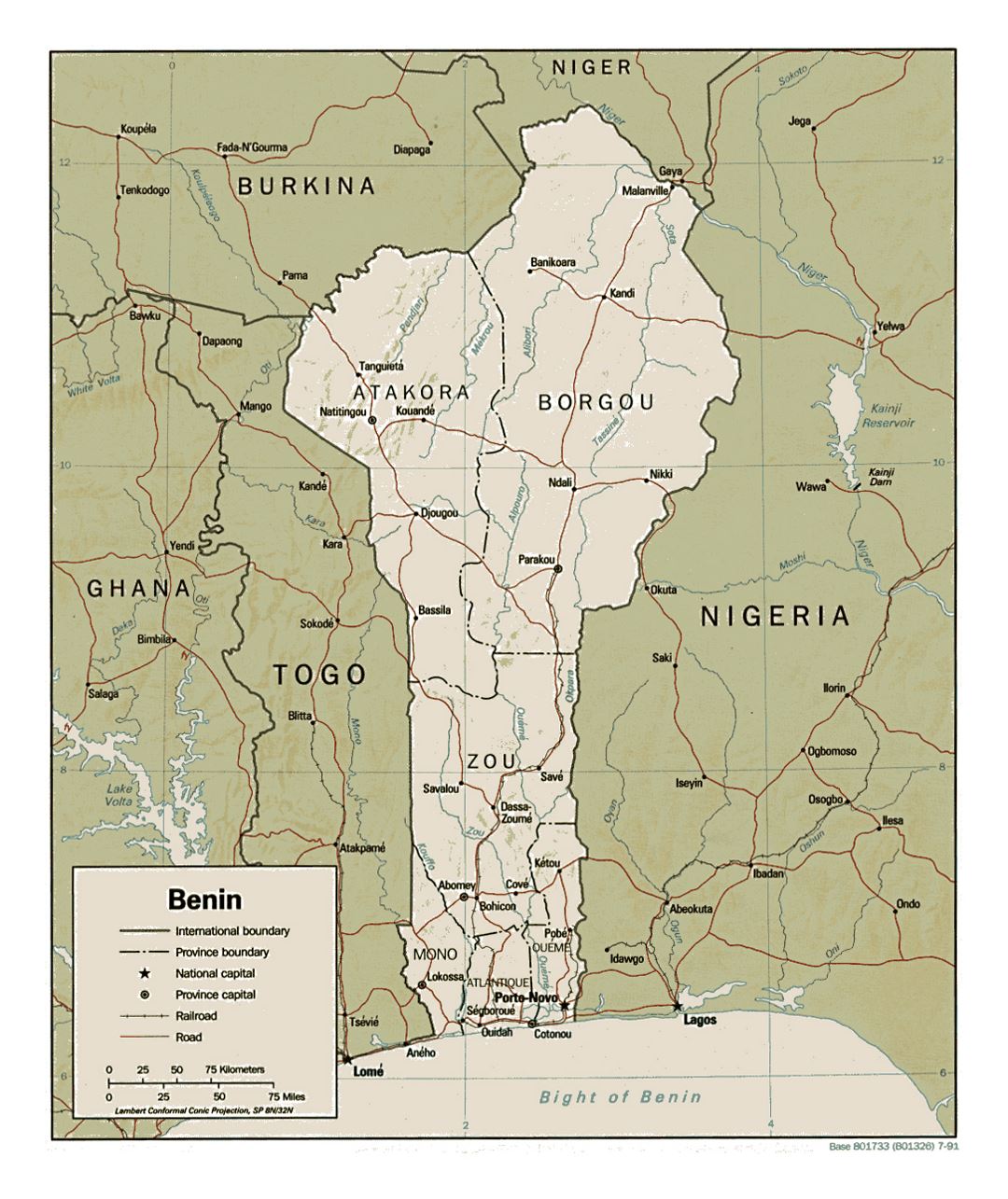 Детальная политическая и административная карта Бенина с рельефом, дорогами, железными дорогами и крупными городами - 1991