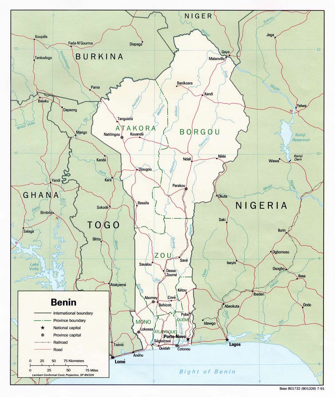 Детальная политическая и административная карта Бенина с дорогами, железными дорогами и крупными городами - 1991