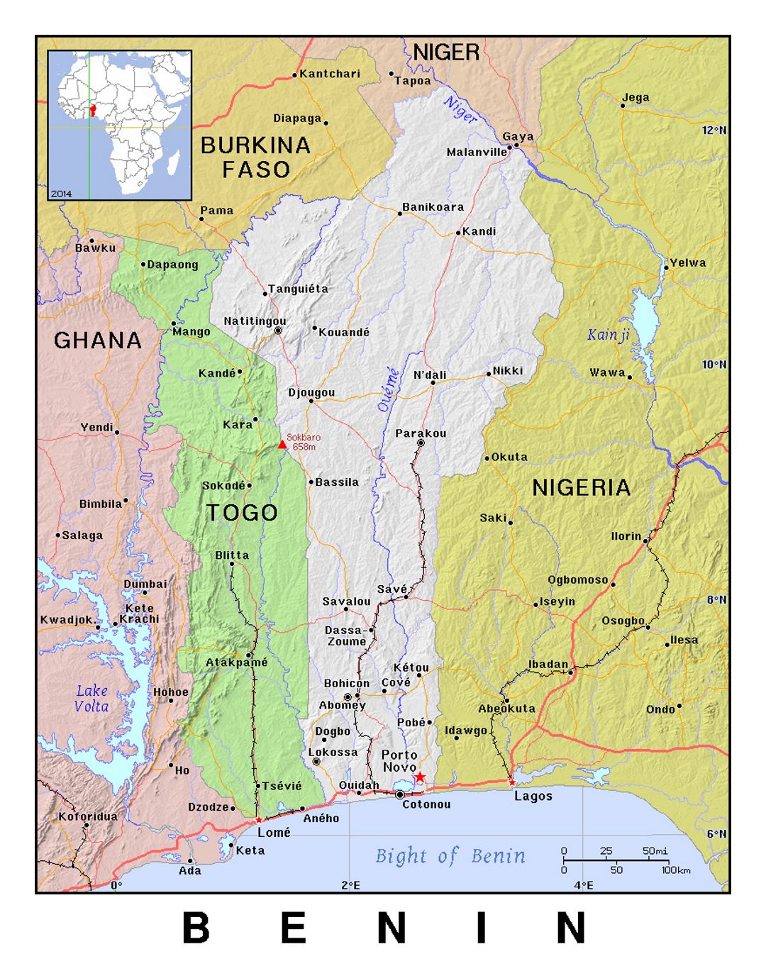 Детальная политическая карта Бенина с рельефом