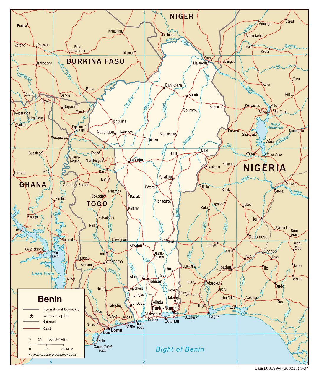 Большая детальная политическая карта Бенина с автодорогами, железными дорогами и городами - 2007