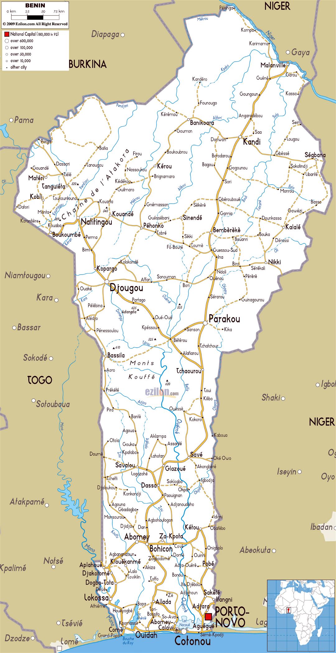 Большая карта дорог Бенина с городами и аэропортами
