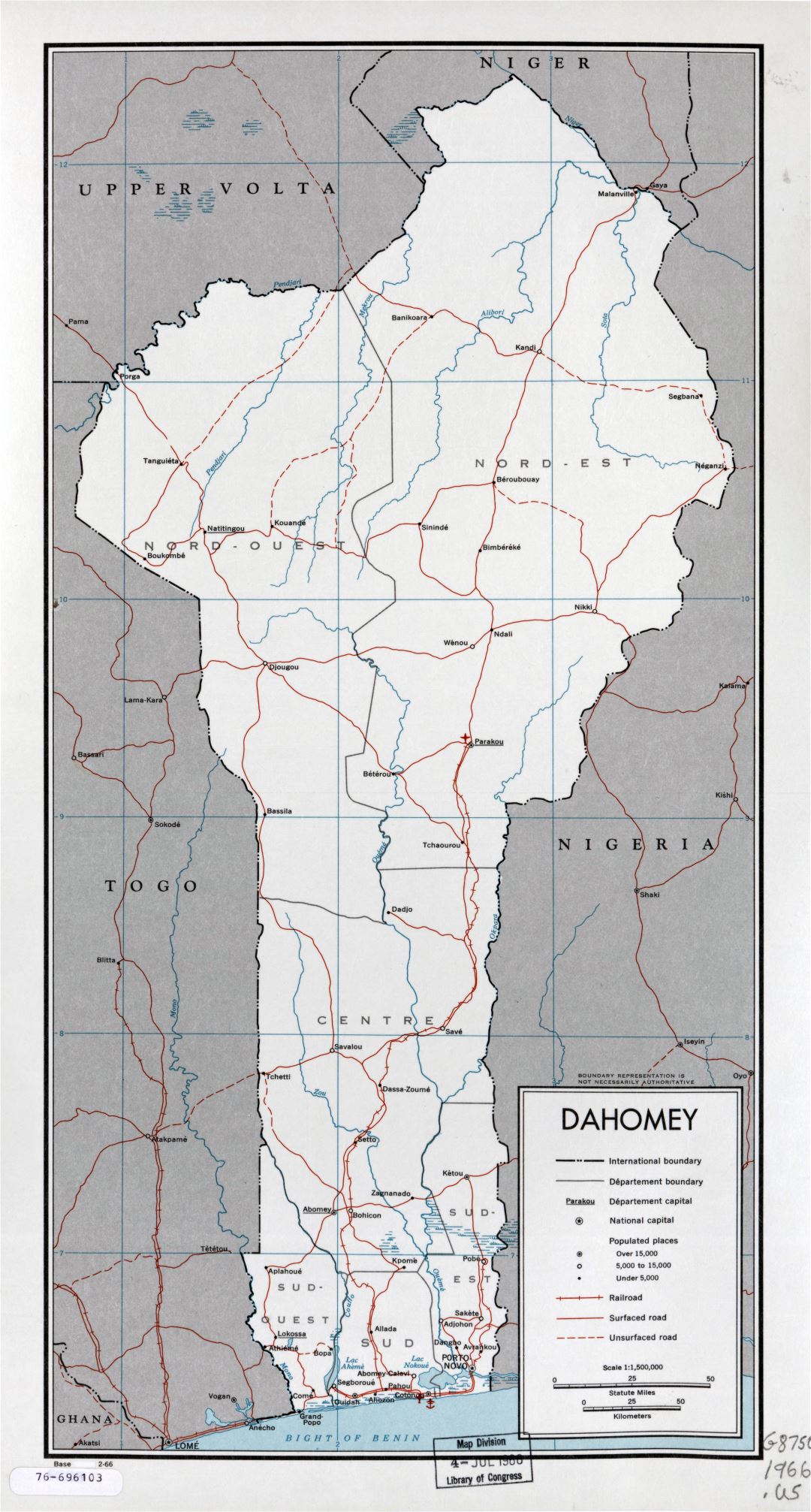 Крупномасштабная политическая и административная карта Бенина с дорогами, железными дорогами, крупными городами, морскими портами и аэропортами - 1966