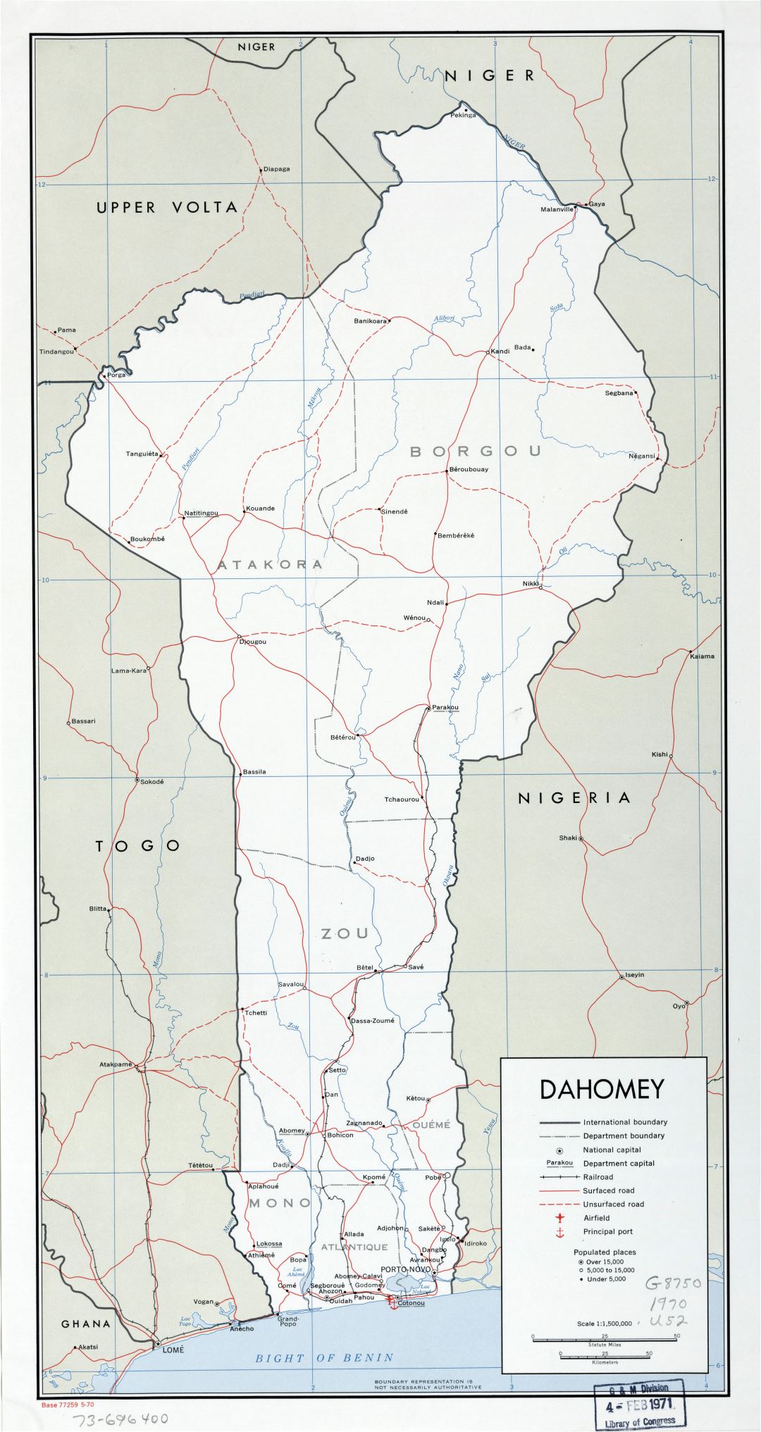 Крупномасштабная политическая и административная карта Бенина с дорогами, железными дорогами, крупными городами, морскими портами и аэропортами - 1970