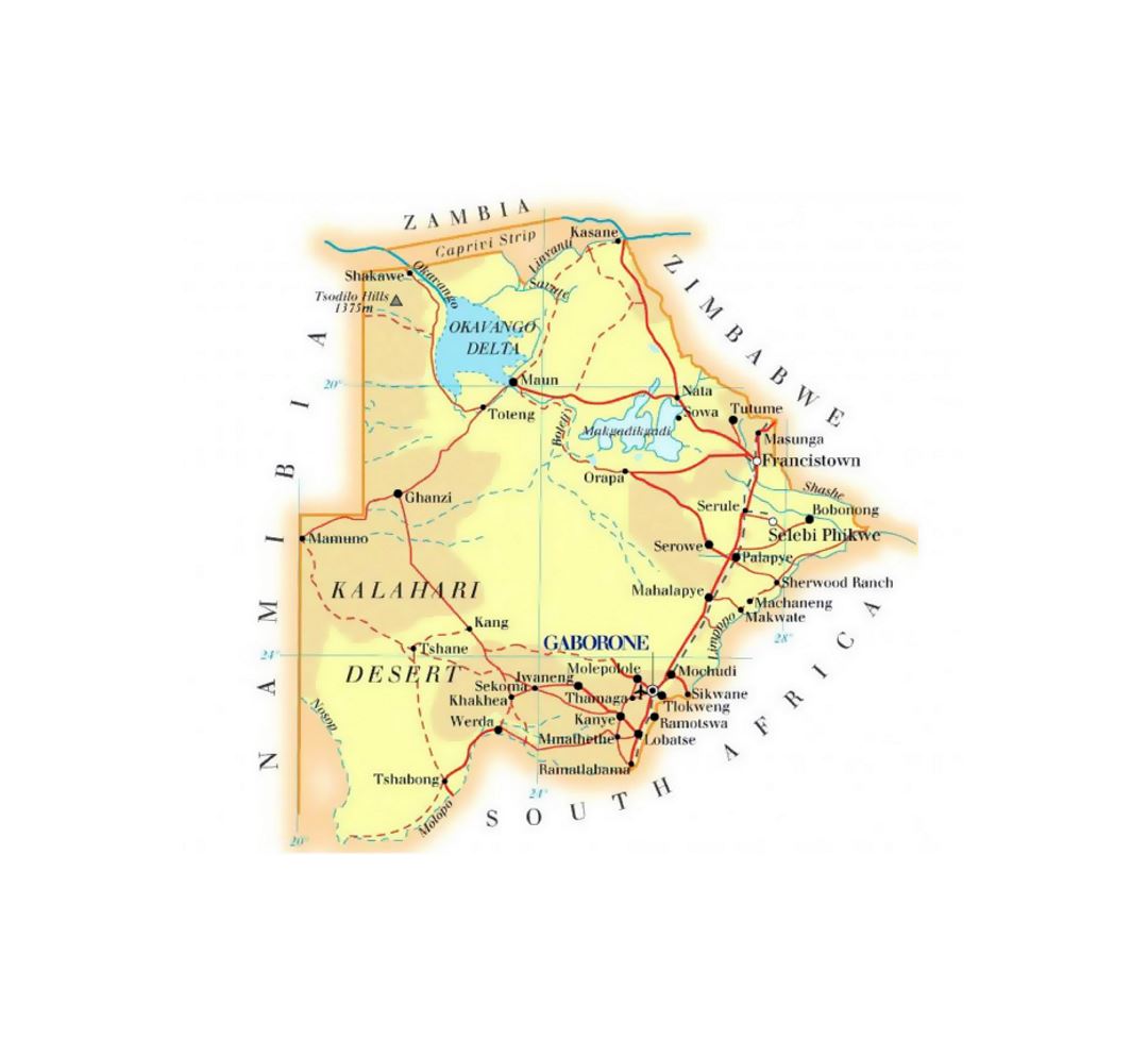 Детальная карта высот Ботсваны с дорогами, городами и аэропортами