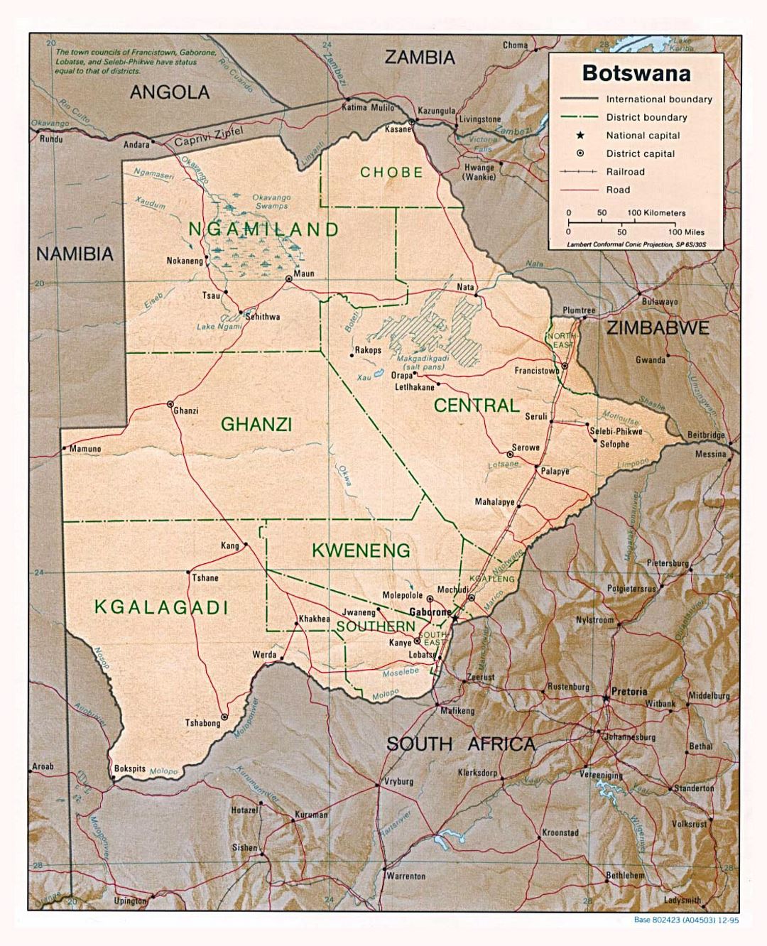 Детальная политическая и административная карта Ботсваны с рельефом, дорогами и крупными городами - 1995