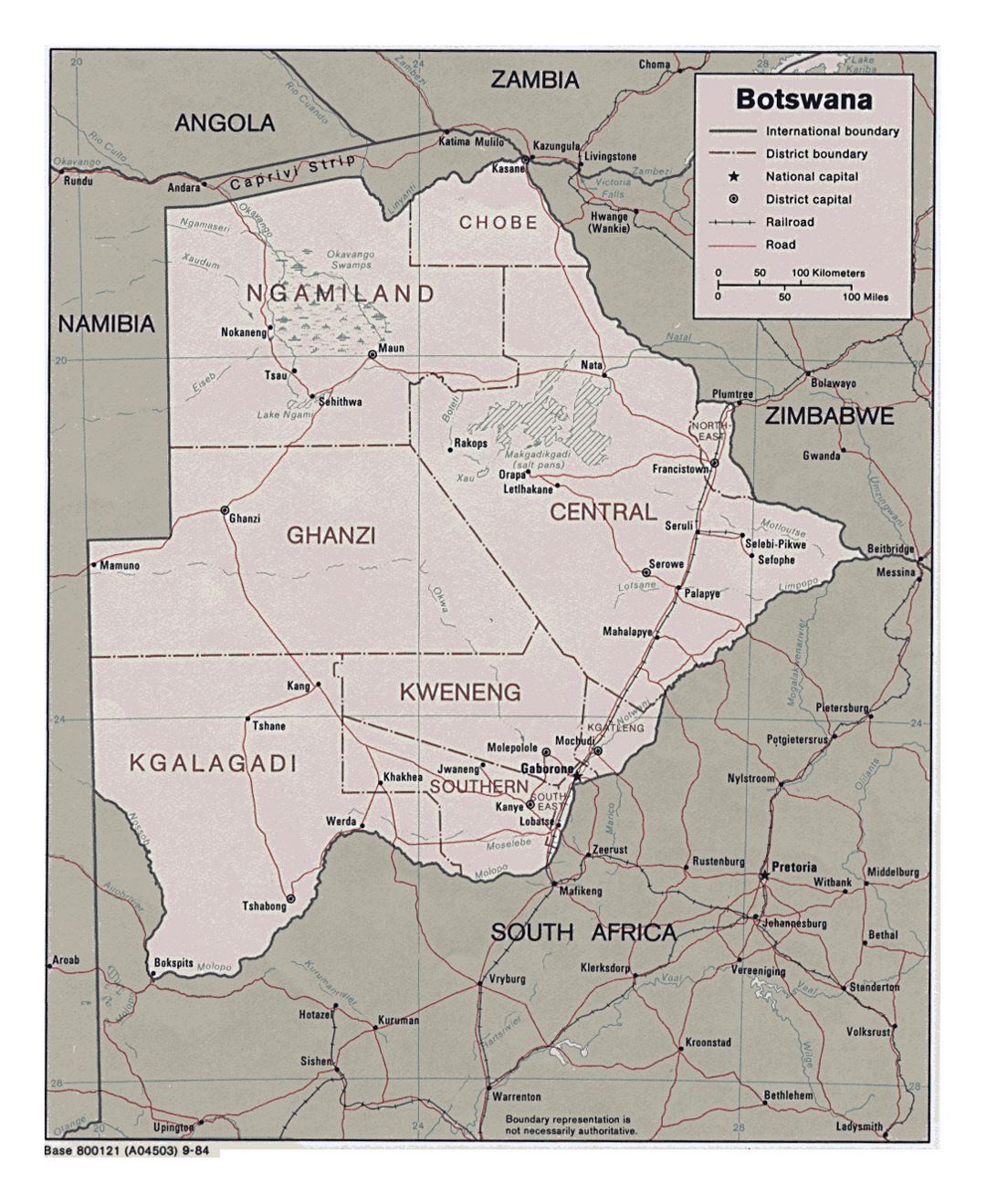 Детальная политическая и административная карта Ботсваны с дорогами и крупными городами - 1984