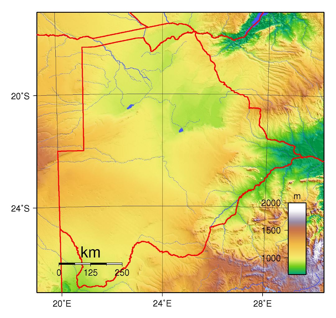 Большая физическая карта Ботсваны
