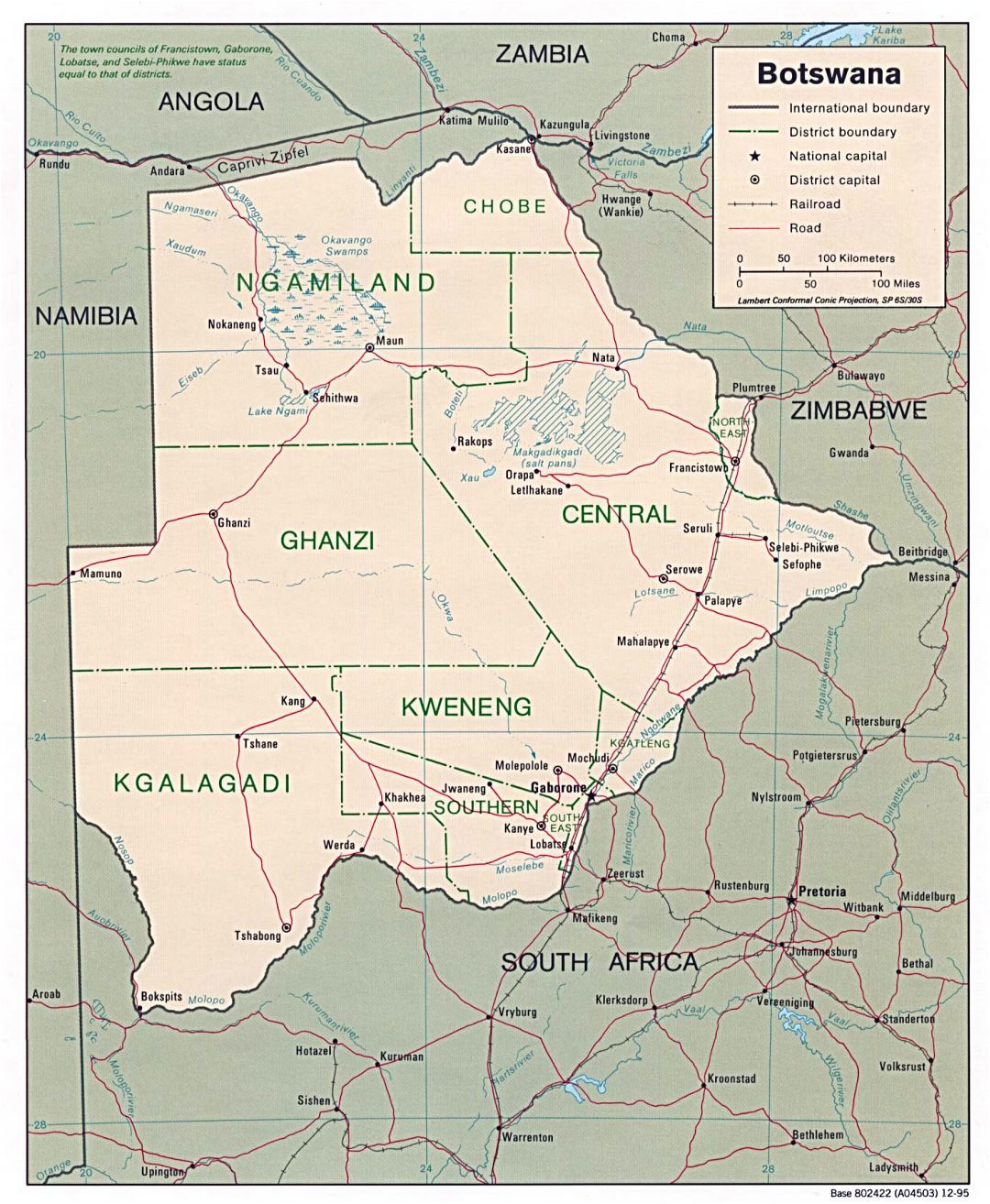 Большая политическая и административная карта Ботсваны с дорогами и крупными городами - 1995