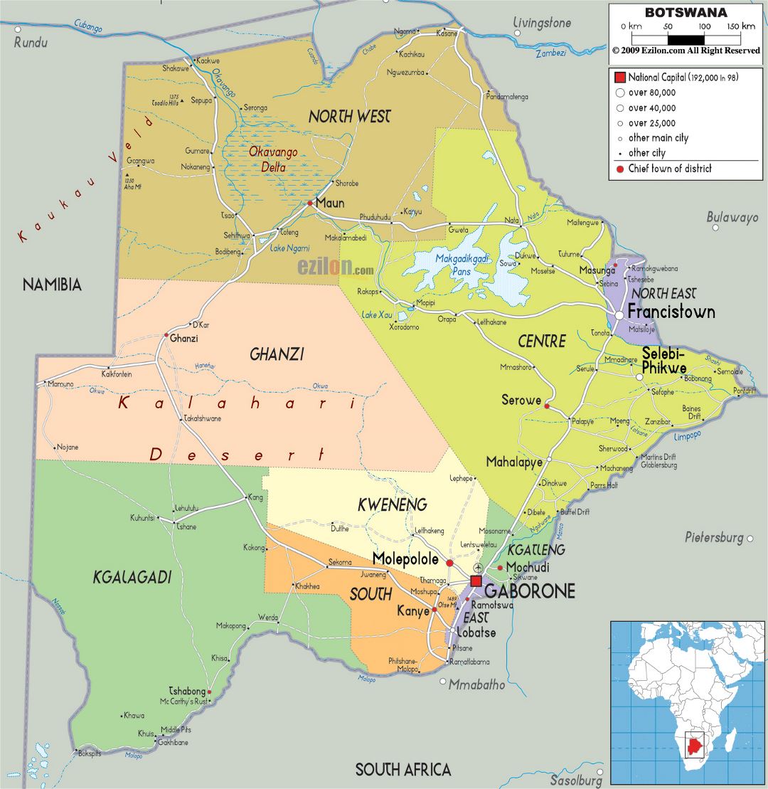 Большая политическая и административная карта Ботсваны с дорогами, городами и аэропортами
