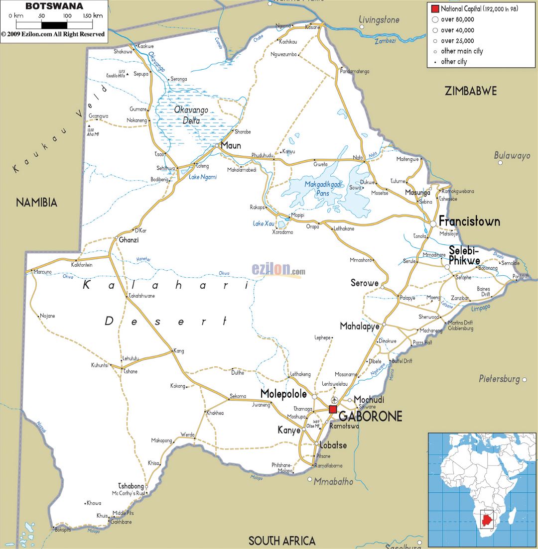 Большая карта дорог Ботсваны с городами и аэропортами
