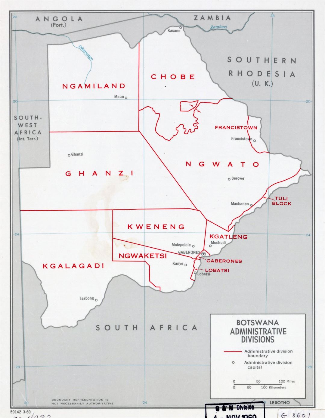 Крупномасштабная карта административных делений Ботсваны - 1969