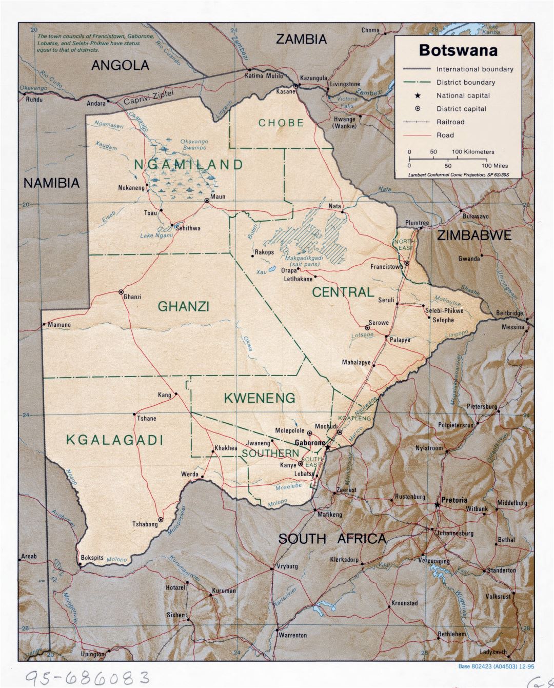 Крупномасштабная политическая и административная карта Ботсваны с рельефом, дорогами, железными дорогами и крупными городами - 1995