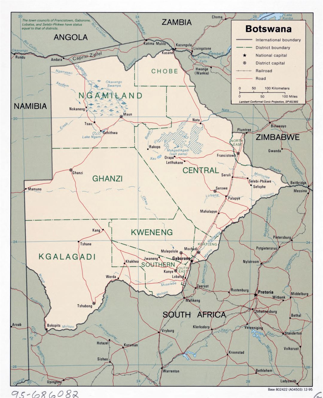 Крупномасштабная политическая и административная карта Ботсваны с дорогами, железными дорогами и крупными городами - 1995