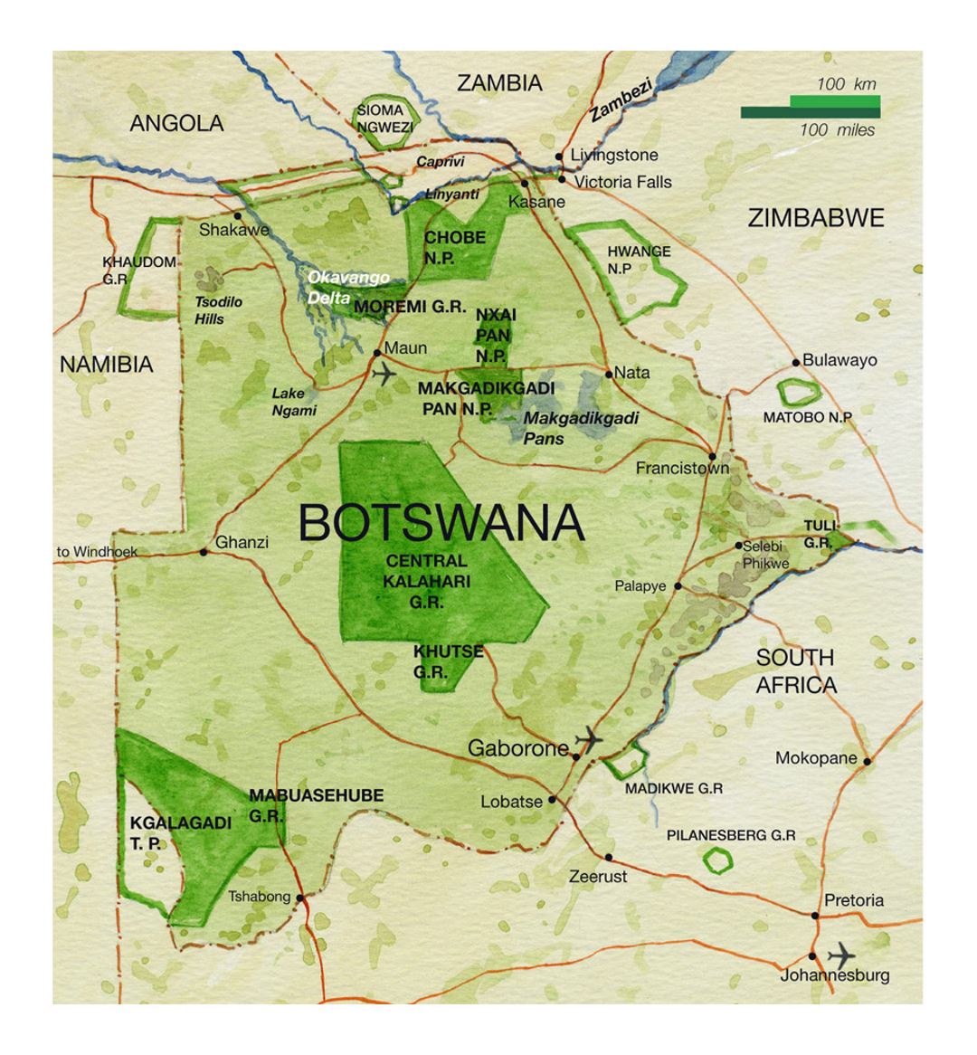 Карта национальных парков Ботсваны с дорогами, крупными городами и аэропортами