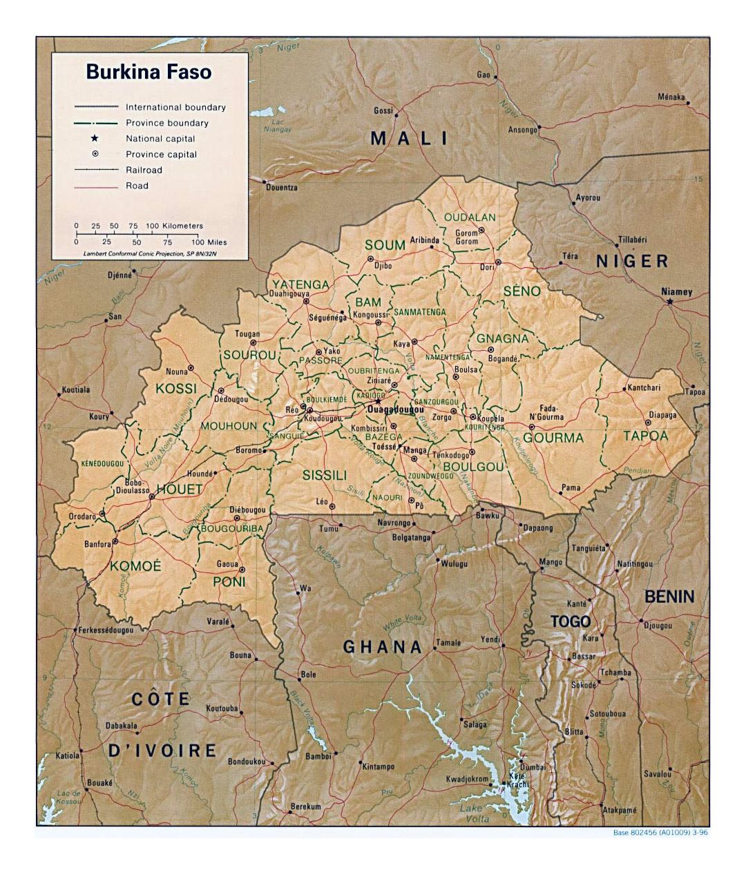 Детальная политическая и административная карта Буркина-Фасо с рельефом, дорогами, железными дорогами и крупными городами - 1996