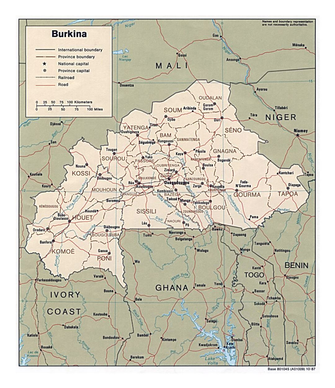 Детальная политическая и административная карта Буркина-Фасо с дорогами, железными дорогами и крупными городами - 1987