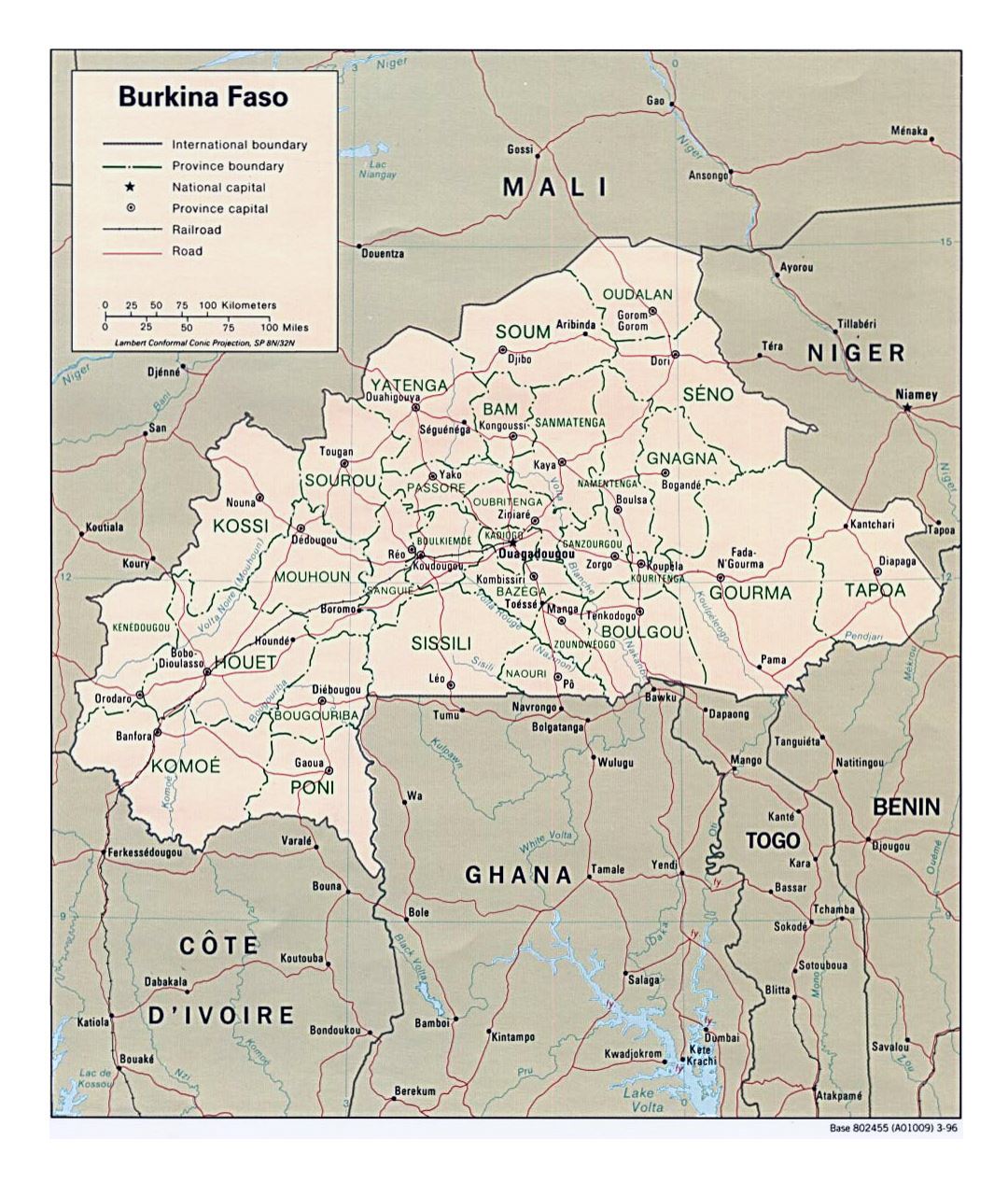 Детальная политическая и административная карта Буркина-Фасо с дорогами, железными дорогами и крупными городами - 1996