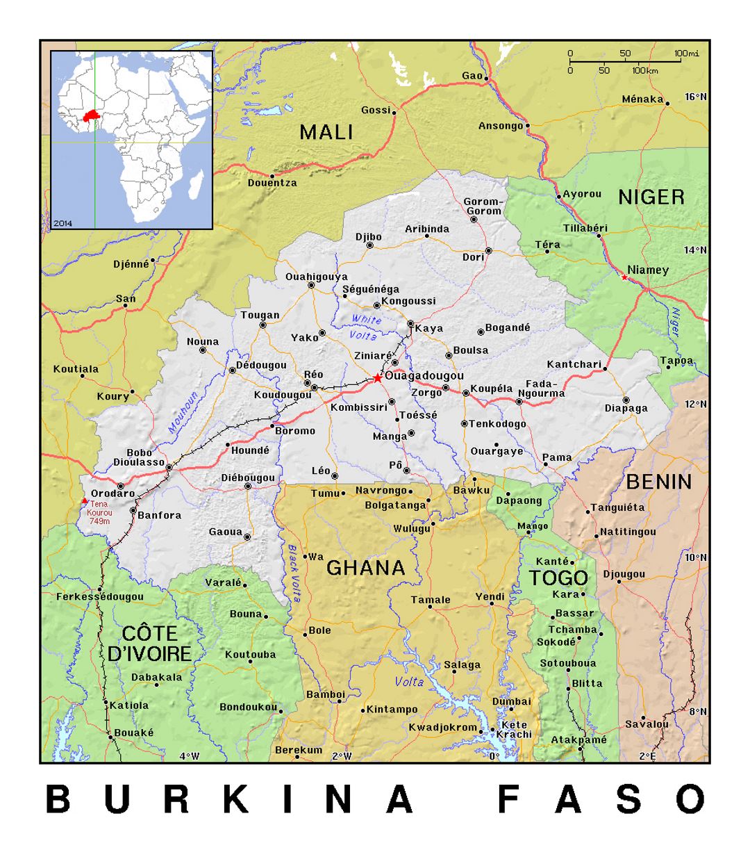 Детальная политическая карта Буркина-Фасо с рельефом