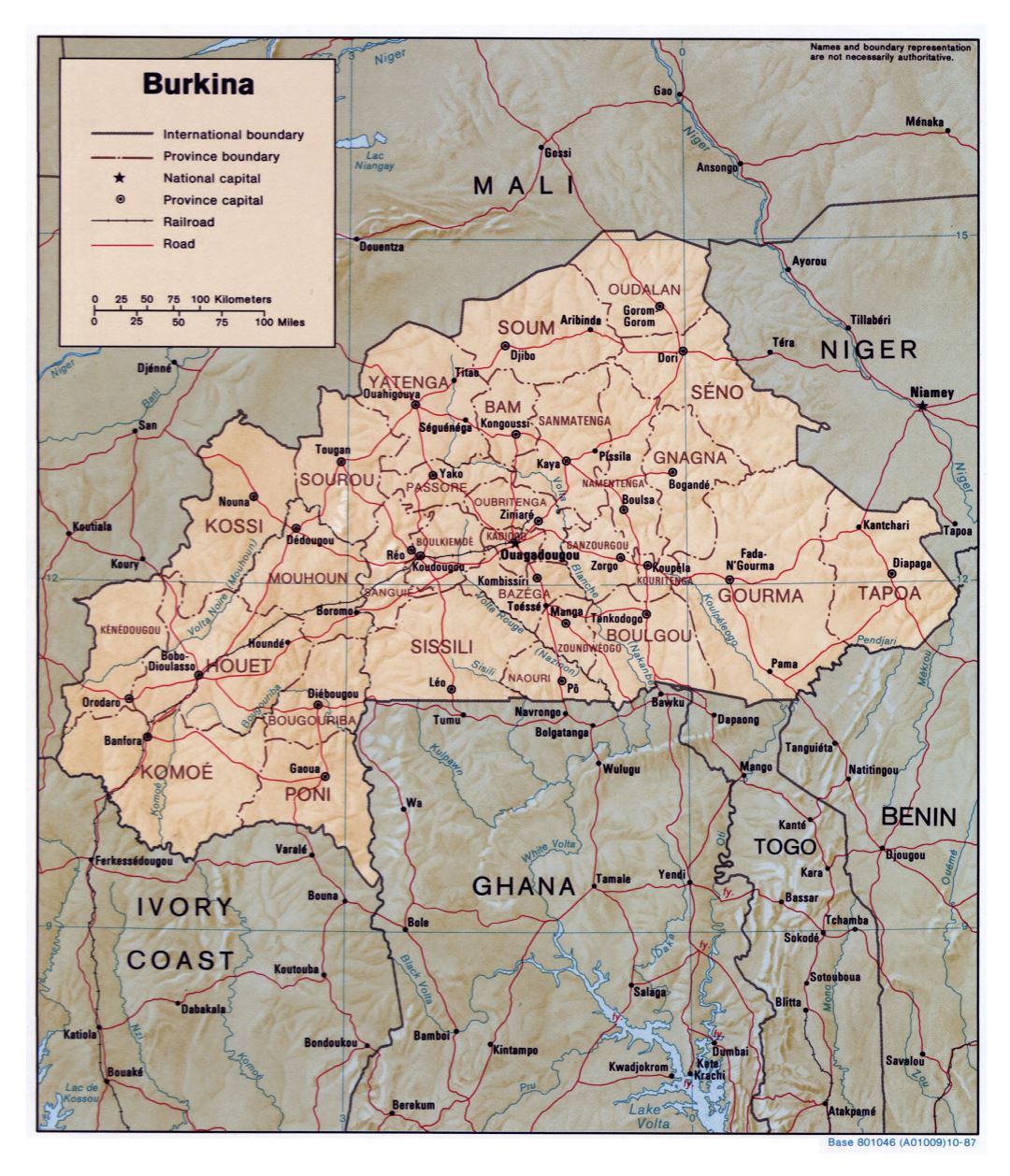 Большая детальная политическая и административная карта Буркина-Фасо с рельефом, дорогами, железными дорогами и крупными городами - 1987