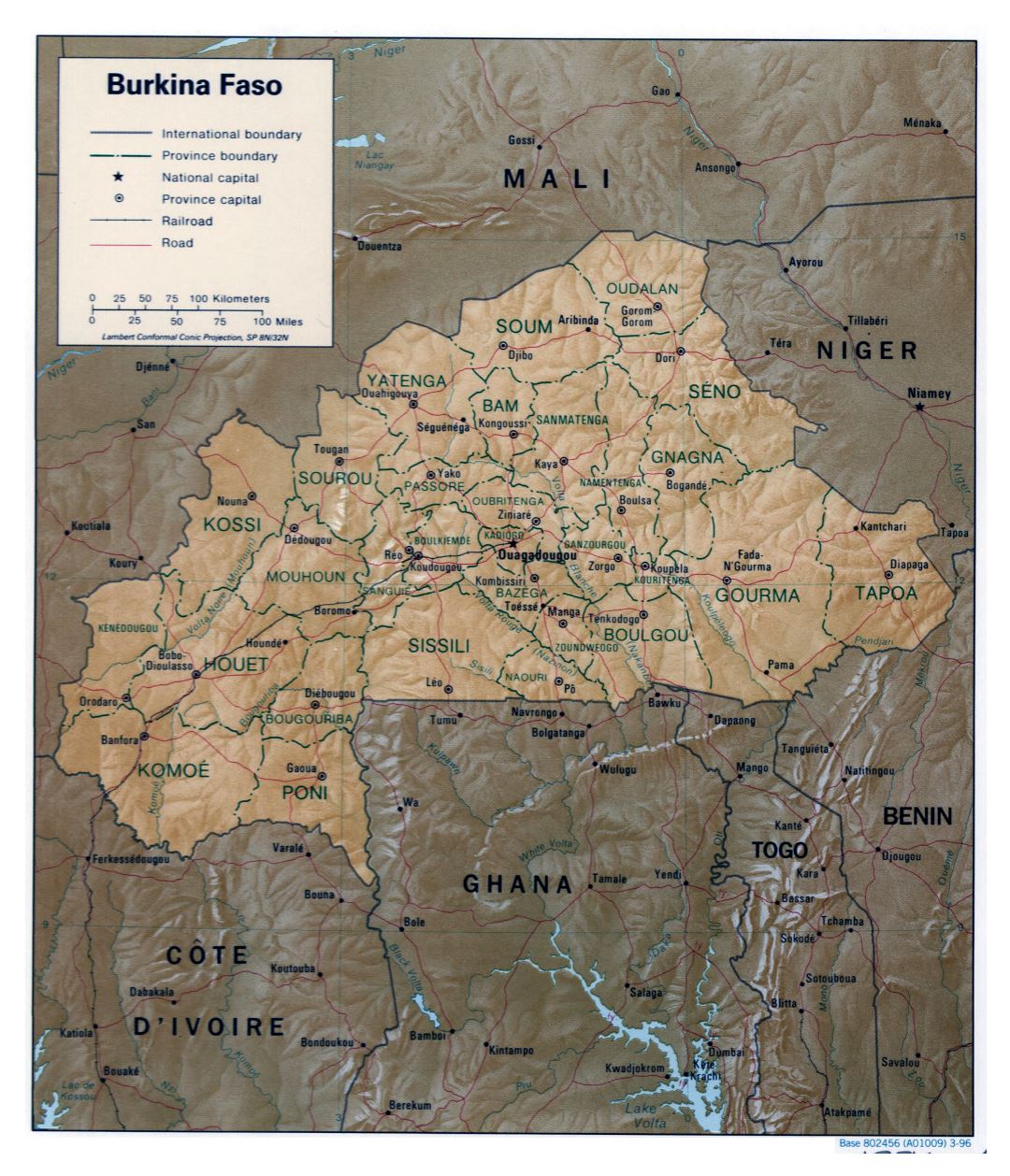 Большая детальная политическая и административная карта Буркина-Фасо с рельефом, дорогами, железными дорогами и крупными городами - 1996