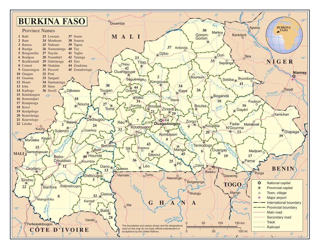 Большая детальная политическая и административная карта Буркина-Фасо с дорогами, городами и аэропортами