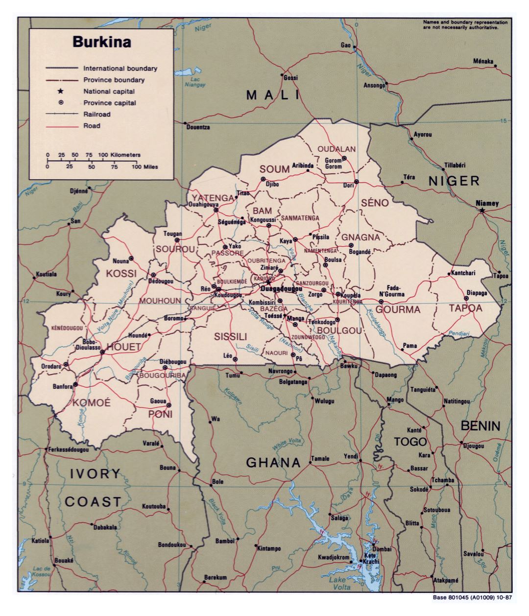 Большая детальная политическая и административная карта Буркина-Фасо с дорогами, железными дорогами и крупными городами - 1987