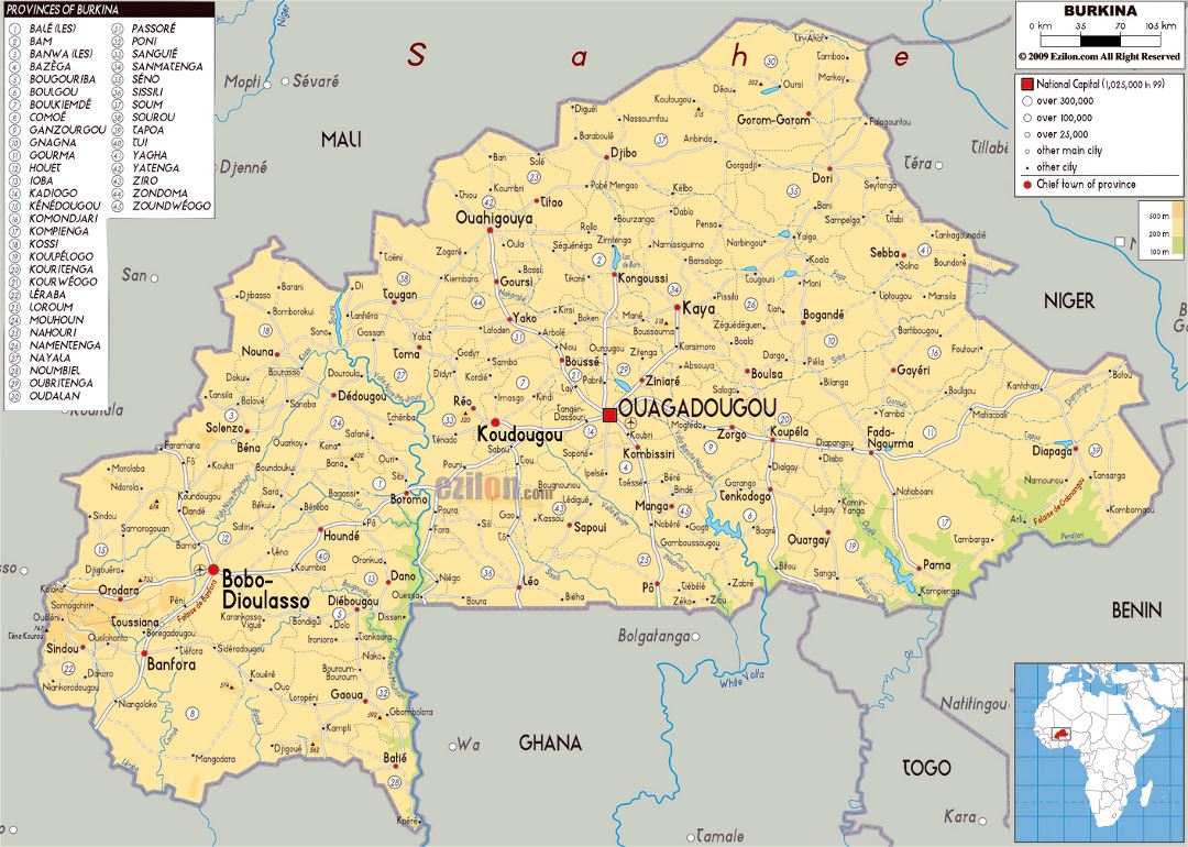 Большая физическая карта Буркина-Фасо с дорогами, городами и аэропортами