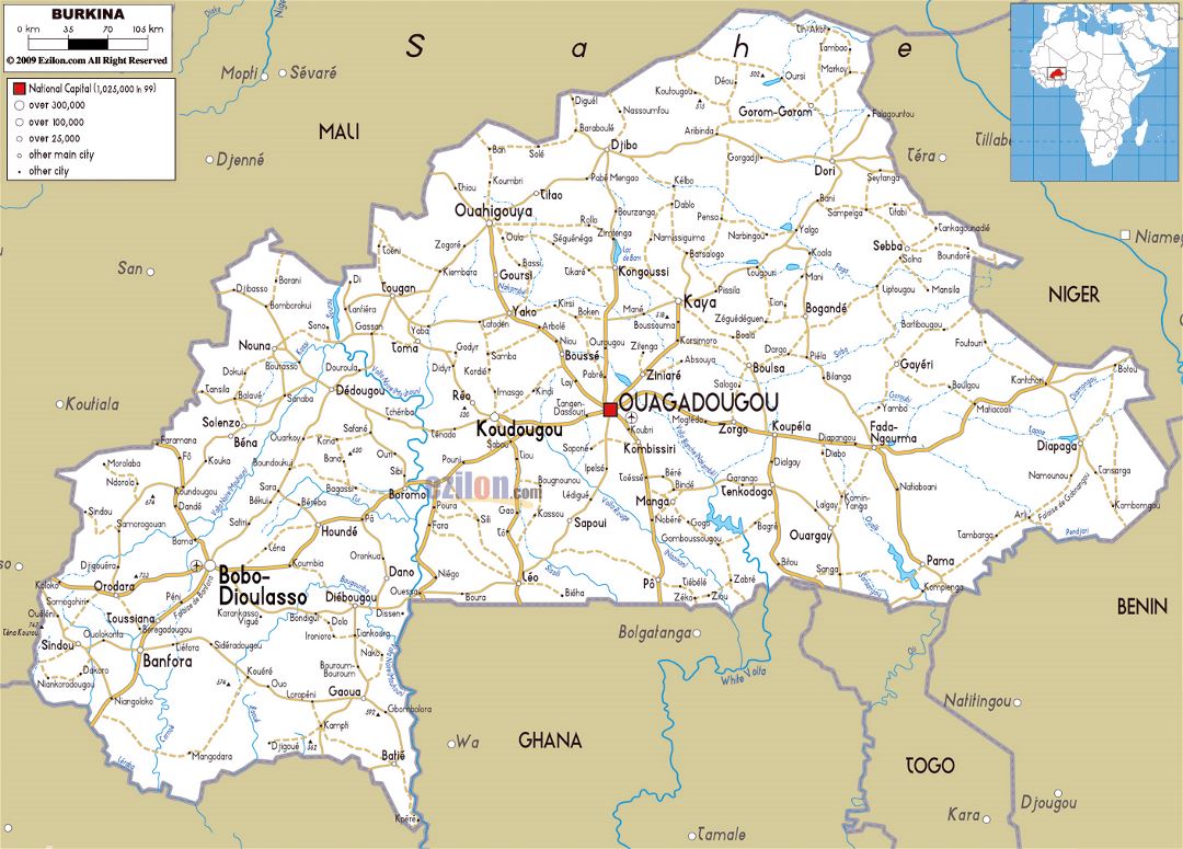 Большая карта дорог Буркина-Фасо с городами и аэропортами