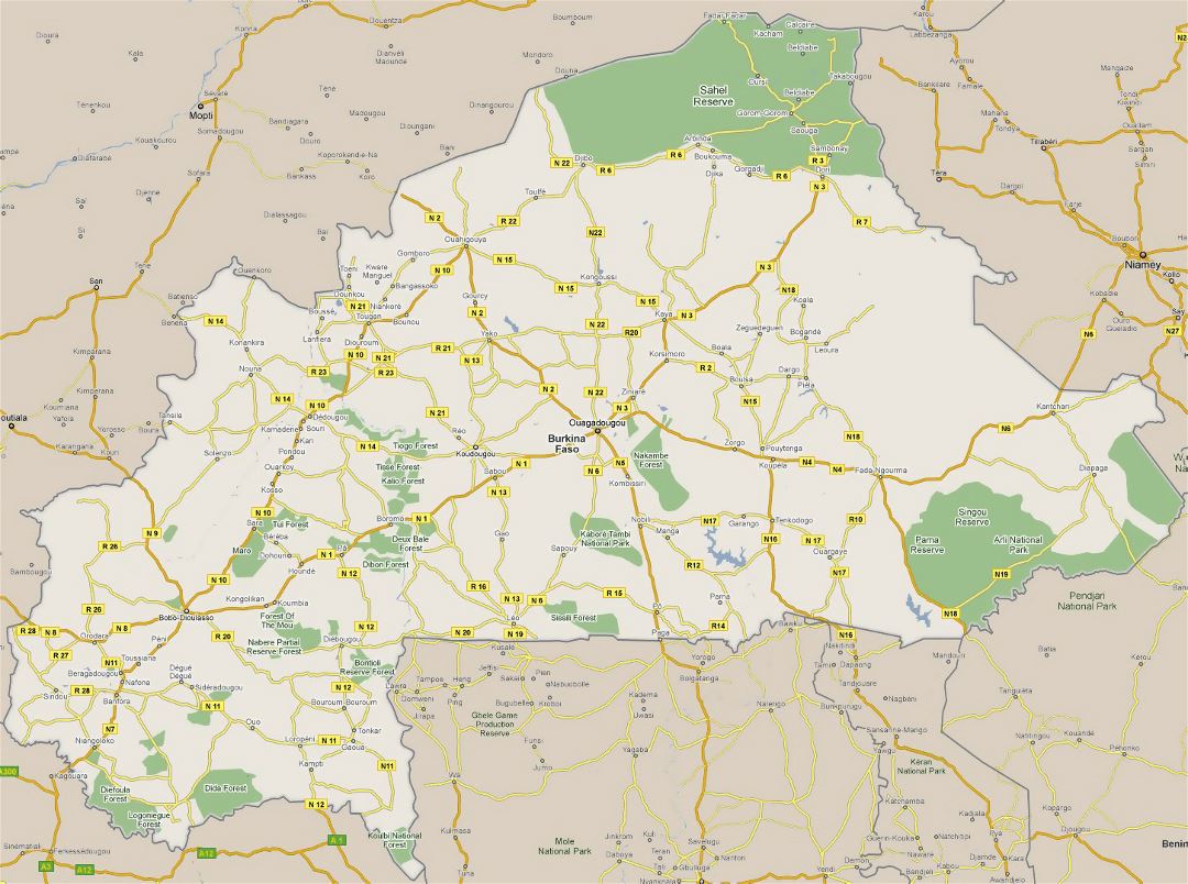 Большая карта дорог Буркина-Фасо с городами