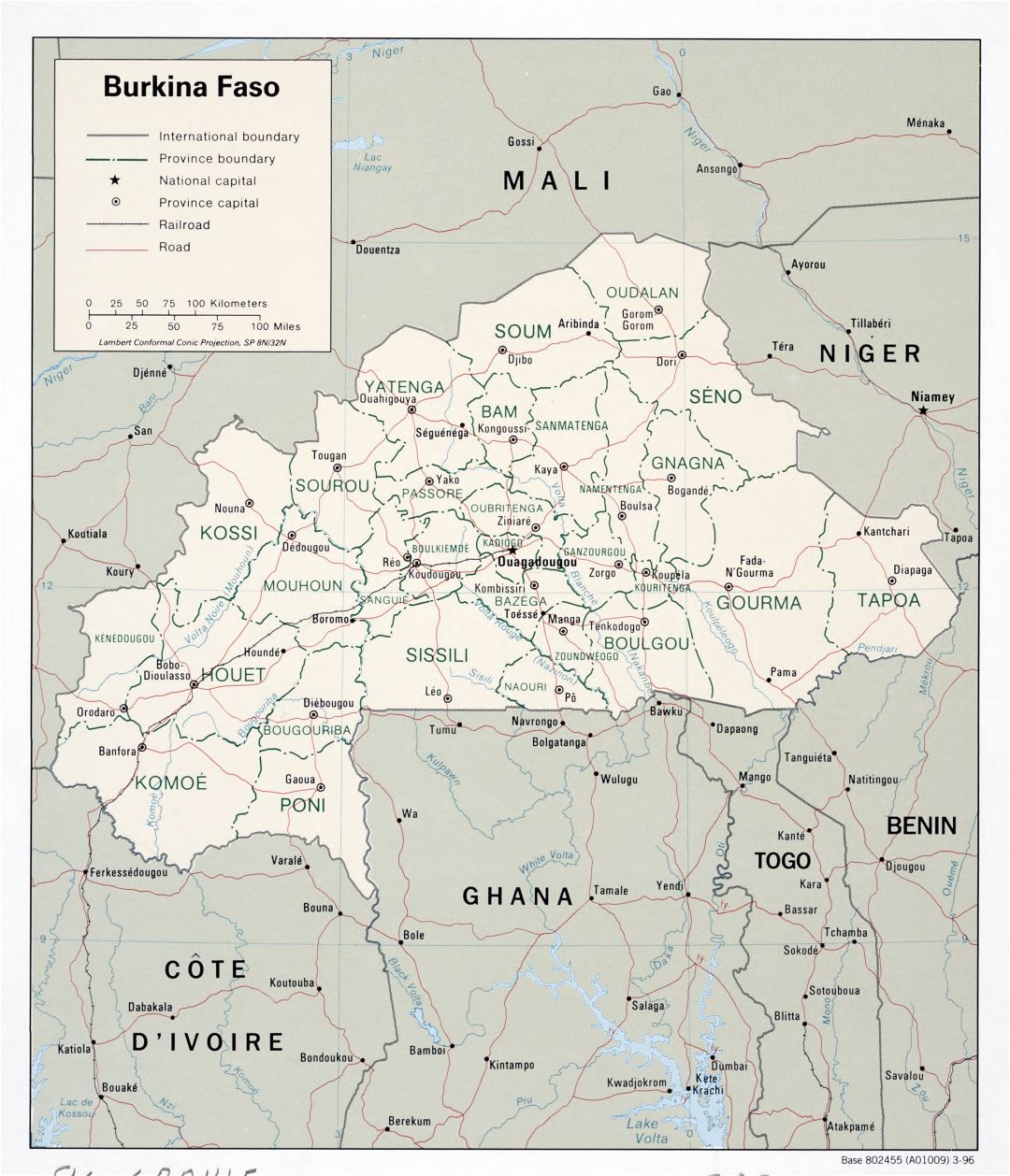 Крупномасштабная политическая и административная карта Буркина-Фасо с дорогами, железными дорогами и крупными городами - 1996