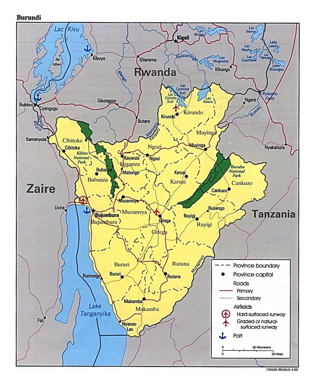 Детальная карта Бурунди с административным делением, дорогами, крупными городами, аэропортами и портами - 1995